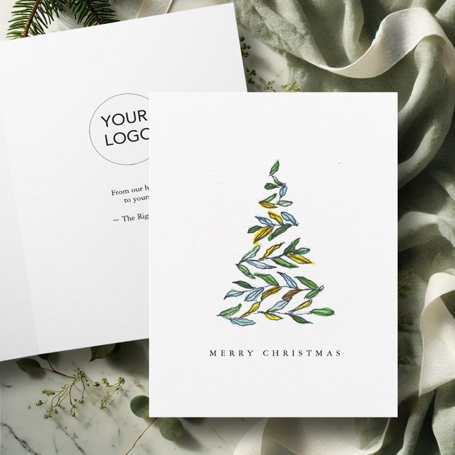 Cartão De Festividades Placas de Natal para Empresas com Árvore Botânica  (Business Christmas cards with logo watercolor and line art tree by Victoria Grigaliunas DoTellABelle)