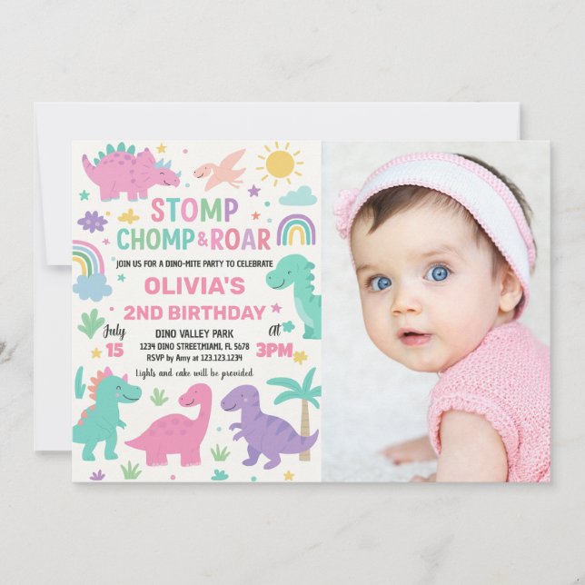 Cartão De Festividades Placas Dino Party editáveis personalizadas para ra (Frente)