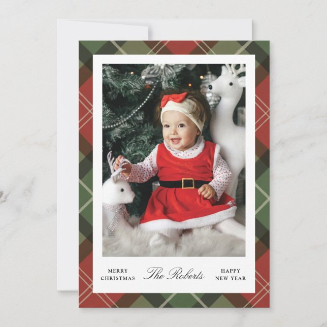 Cartão De Festividades Plaid Border Christmas and New Year Photo Card (Frente)