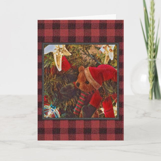 Cartão De Festividades Plaid Christmas Bear Card (Frente)