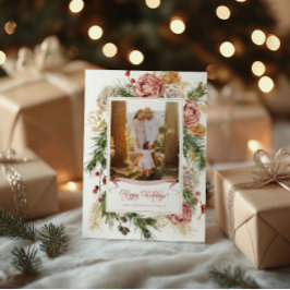 Cartão De Festividades Plaid Floral Botânico Costeiro Foto Feliz Feriado