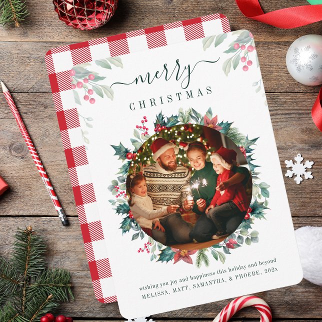 Cartão De Festividades Plaid Merry Christmas Family Photo Botanical (Plaid Merry Christmas Family Photo Botanical Holiday Card)