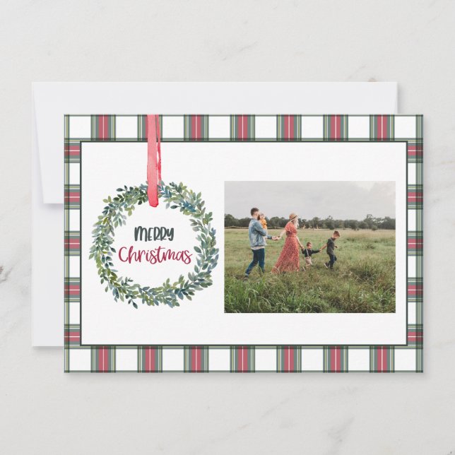 Cartão De Festividades Plaid Personalized Photo Merry Christmas Card (Frente)