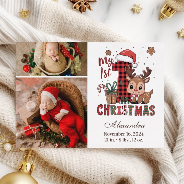 Cartão De Festividades Plaid Reindeer 2 Photo  First Christmas (Criador carregado)