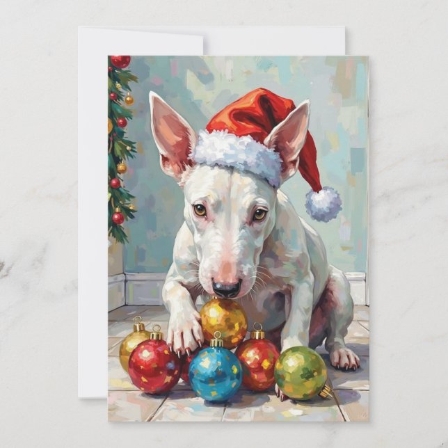 Cartão De Festividades Playful Bull Terrier Dog Guarding Christmas (Frente)