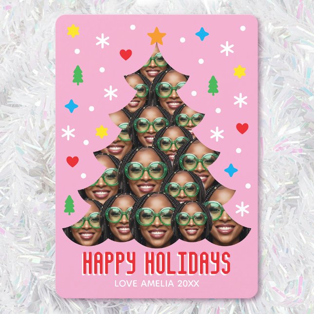 Cartão De Festividades Playful Custom Photo Modern Christmas Tree Pink (Criador carregado)