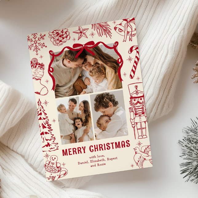 Cartão De Festividades Playful Red Doodle 3 Foto Natal (Criador carregado)