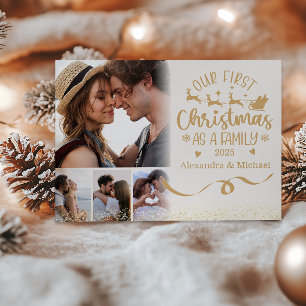Cartão De Festividades Pó de Ouro 4 Fotos Primeiro Natal como uma Família