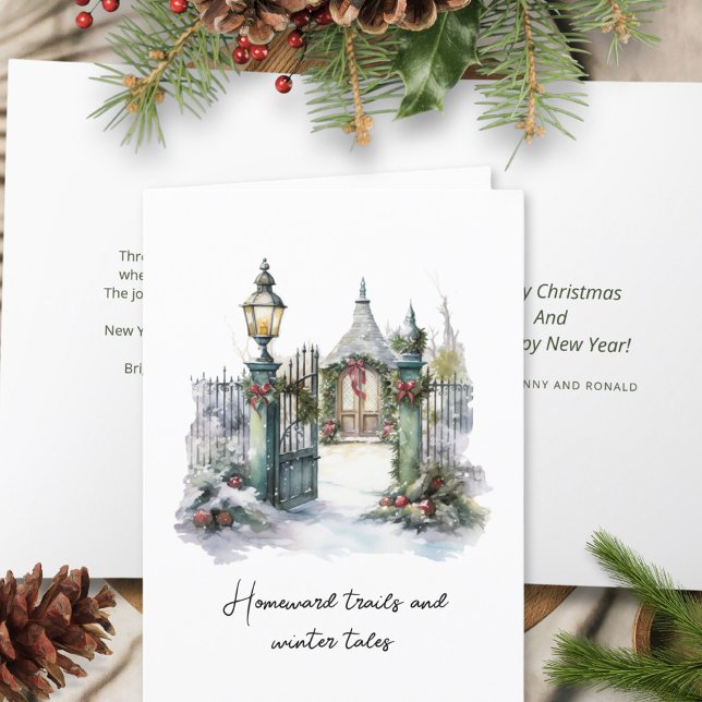 Cartão De Festividades Poem Green Red Snow Nordic Winter Scene Christmas (Criador carregado)