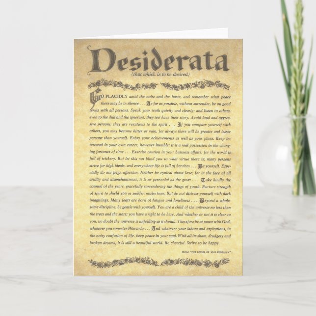 Cartão De Festividades Poema de DESIDERATA=Max Ehrmann=Coleção de Pergami (Frente)
