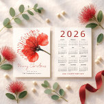 Cartão De Festividades Pōhutuka Flower 2026 Calendar Feliz Natal<br><div class="desc">Calendário 2026 da Flor Pōhutukawa NZ Feliz Natal. Disponível digitalmente e impresso. Com uma ilustração Pōhutukawa de aquarela e saudação em um script de na moda definido. Personalize facilmente o resto das palavras conforme necessário. Com um calendário de 2026 do outro lado.</div>
