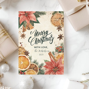 Cartão De Festividades Poinsétia de Natal com Citros Rústicos Feliz Natal