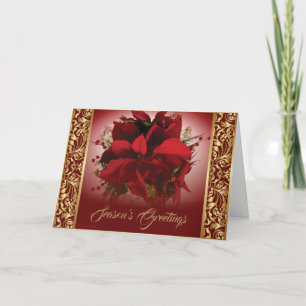 Cartão De Festividades Poinsétia de Natal Vermelha e Dourada Elegante
