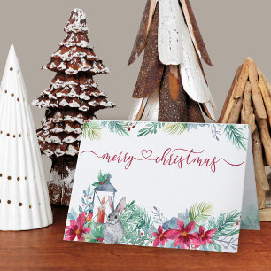 Cartão De Festividades Poinsétia e Coelho em Aquarela de Vegetação de Inv
