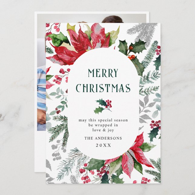 Cartão De Festividades Poinsétia Festiva Foto de Natal do Visco (Frente/Verso)