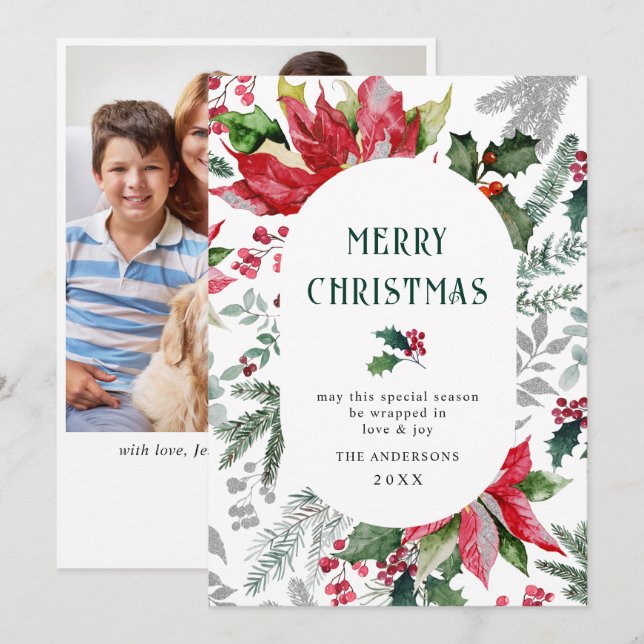Cartão De Festividades Poinsétia Festiva Natalino Foto de visco (Frente/Verso)
