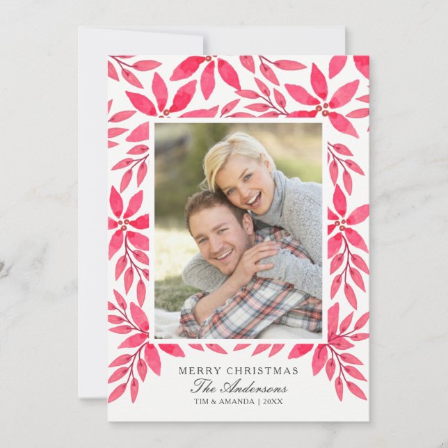 Cartão De Festividades Poinsétia pintada aguarela do Feliz Natal (Frente)