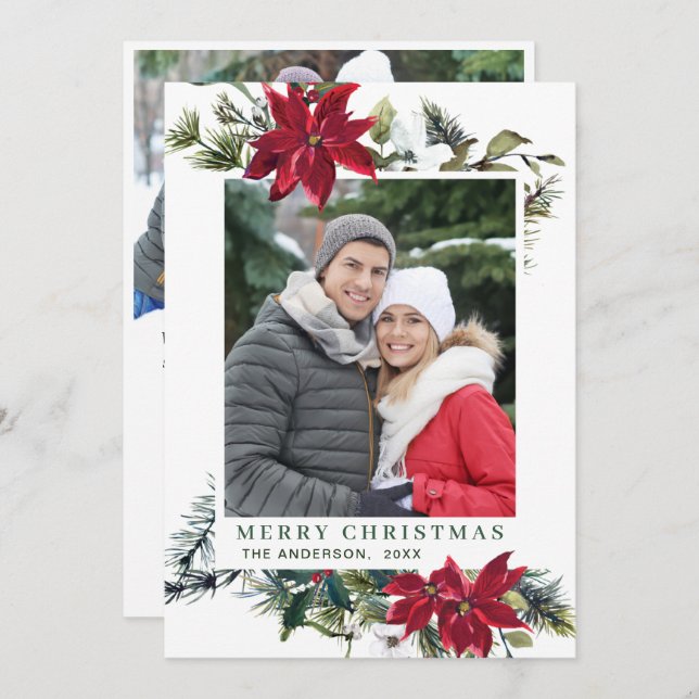 Cartão De Festividades Poinsétia Vermelha Festiva Saudação de Natal 2 FOT (Frente/Verso)