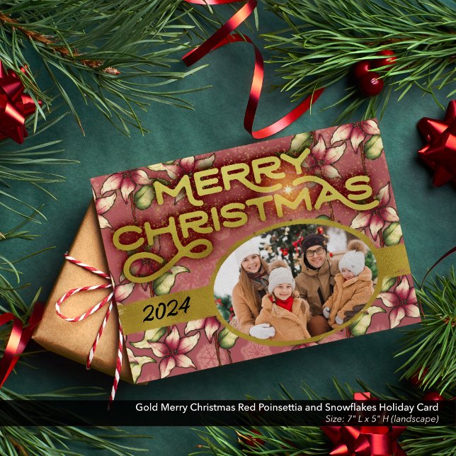 Cartão De Festividades Poinsétia Vermelha Natal Feliz Dourado e Flocos de (Gold Lettering Merry Christmas Photo Card with Red Poinsettias and Snowflakes)