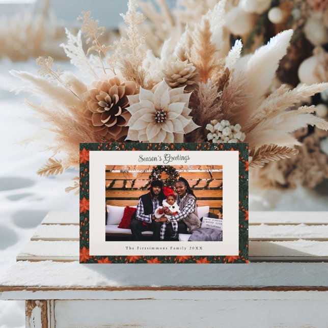 Cartão De Festividades Poinsétia Vermelha Tradicional Foto Natal (Poinsettia Season Christmas Card forest green)