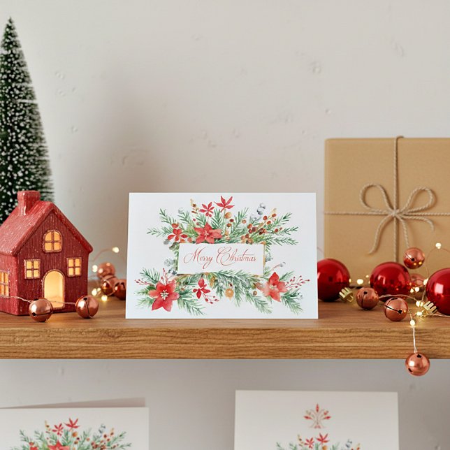 Cartão De Festividades Poinsetos de aquarela e verde (Criador carregado)