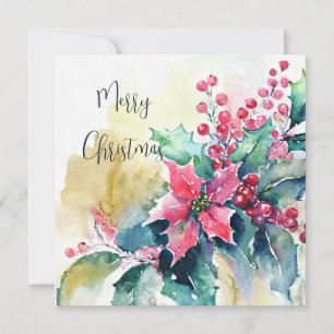 Cartão De Festividades Poinsettia aquarela e Natal personalizado com azev