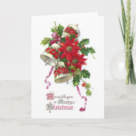 Cartão De Festividades Poinsettia Bells and Holly Vintage Christmas
