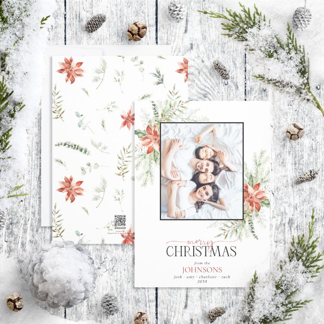 Cartão De Festividades Poinsettia Berry Greenery Feliz Foto de Natal Ho (Criador carregado)