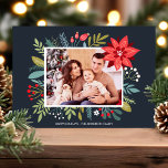 Cartão De Festividades Poinsettia Bouquet Christmas Holiday Photo Card<br><div class="desc">This family photo Christmas card design features a beautiful modern floral poinsettia bouquet with greenery and a custom greeting! Set against a dark navy blue background with a white polka dot backer. Personalize this custom design with your own holiday greeting and family name.</div>