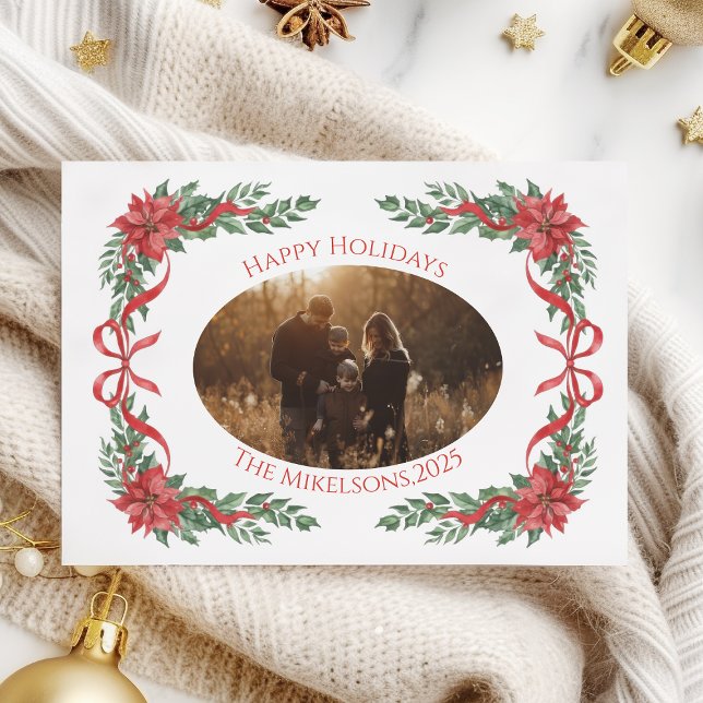 Cartão De Festividades Poinsettia Bow Photo Christmas (Criador carregado)