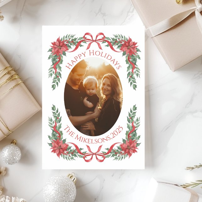 Cartão De Festividades Poinsettia Bow Photo Christmas (Criador carregado)