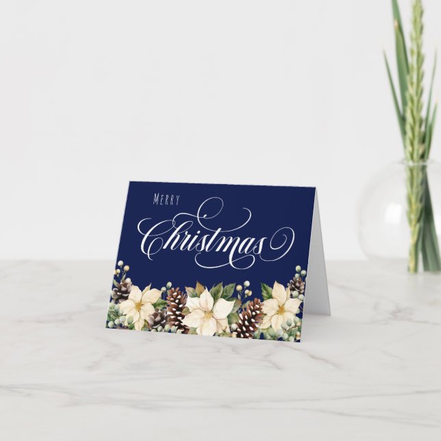 Cartão De Festividades Poinsettia branca dobrada de azul (Frente)