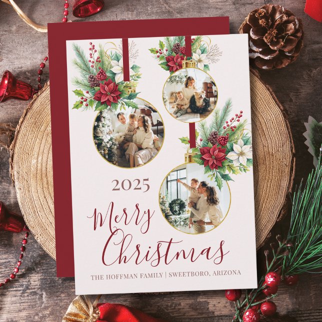 Cartão De Festividades Poinsettia Floral 3 Photo Ornament Merry Christmas (elegant 3 photo merry christmas card with gold ornaments and poinsettia floral design with script)