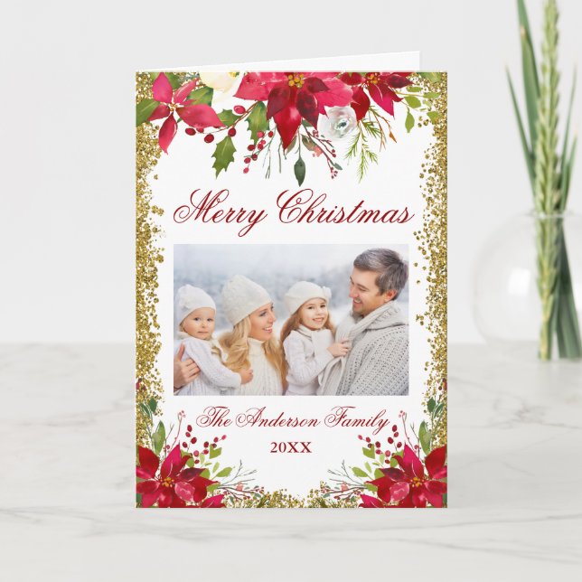 Cartão De Festividades Poinsettia Floral Photo Christmas Gold Fold (Frente)
