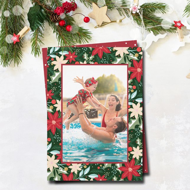 Cartão De Festividades Poinsettia Foto de Natal Floral (Stylish Poinsettias on Green Christmas Photo Cards)