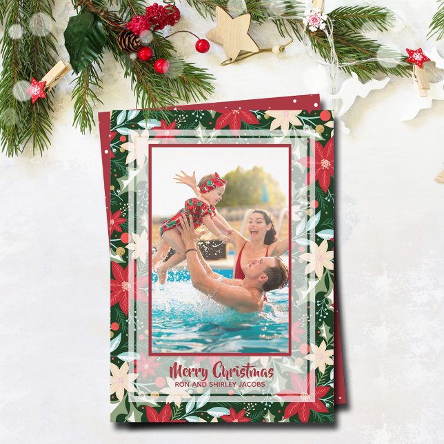 Cartão De Festividades Poinsettia Foto de Natal Floral (Poinsettia floral Christmas  holiday photo cards)