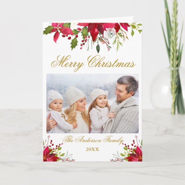 Cartão De Festividades Poinsettia Foto Floral Dourada de Natal (Frente)