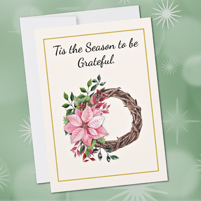 Cartão De Festividades Poinsettia Greenery Berries Wreath Thank You Card (Criador carregado)