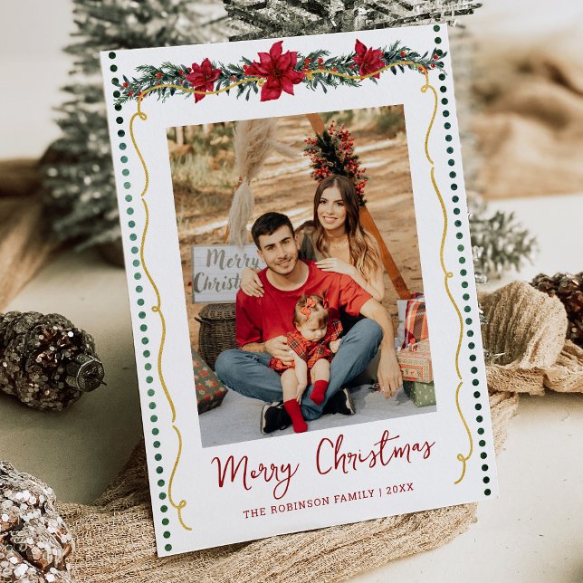Cartão De Festividades Poinsettia Greenery Dourado Feliz Natal 1 Foto (Criador carregado)
