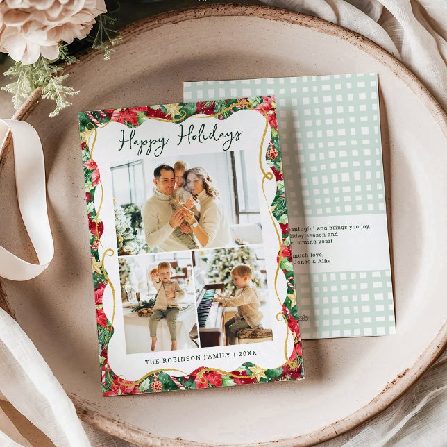 Cartão De Festividades Poinsettia Greenery Pattern Happy Holidays 3 Foto (Criador carregado)