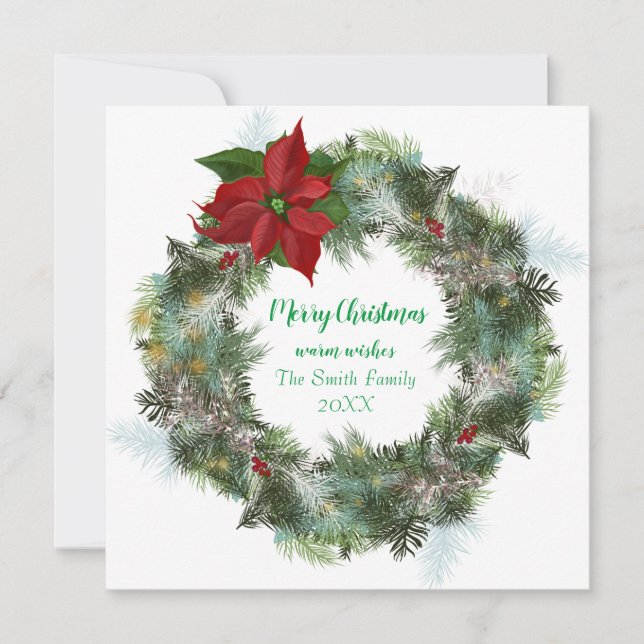Cartão De Festividades Poinsettia Merry Christmas Wreath Card (Frente)
