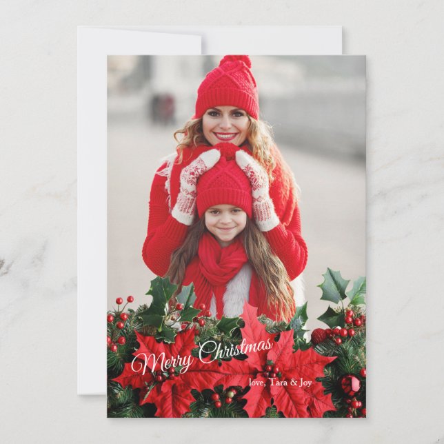 Cartão De Festividades Poinsettia Photo Holiday Greeting Card (Frente)