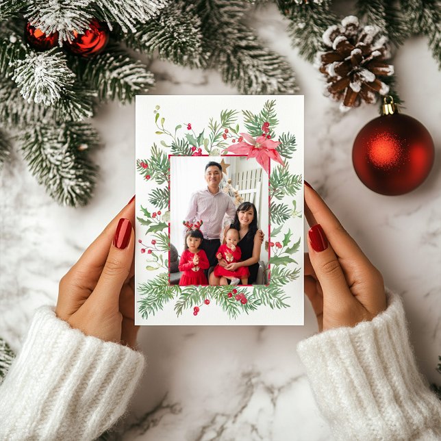 Cartão De Festividades Poinsettia, Pine e Holly Foto Botânica Natal (Criador carregado)