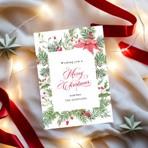Cartão De Festividades Poinsettia, Pinheiro e Holly, Natal Botânico