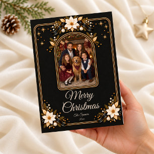 Cartão De Festividades Poinsettia Preto e Dourado Feliz Natal Família Por