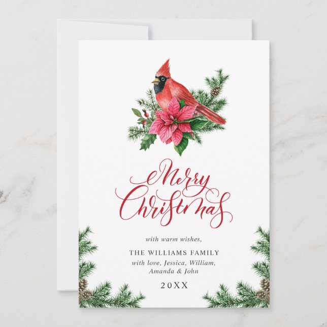 Cartão De Festividades Poinsettia Red Cardinal Saudação de Natal (Frente)