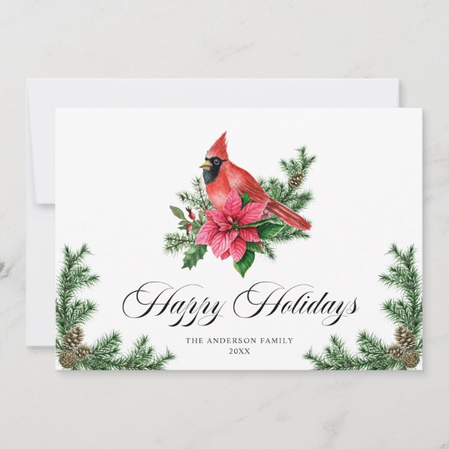 Cartão De Festividades Poinsettia Red Cardinal Saudação de Natal (Frente)