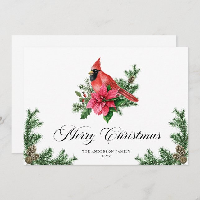 Cartão De Festividades Poinsettia Red Cardinal Saudação de Natal (Frente/Verso)
