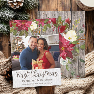 Cartão De Festividades Poinsettia Rustic Wood Foto 1rua Natal Sr Sra.