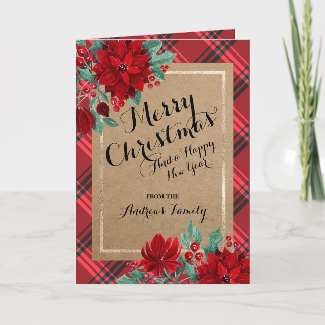 Cartão De Festividades Poinsettia Tartan Kraft Rustic Merry Christmas (Frente)